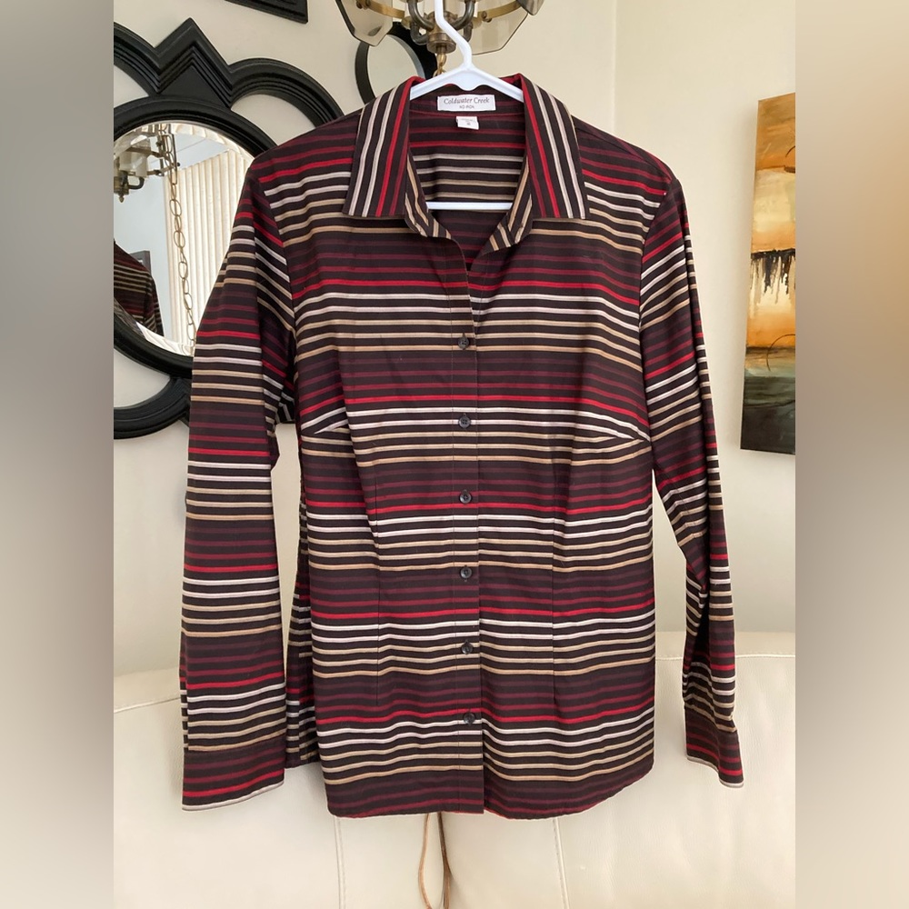 Coldwater creek brown and red striped button up
